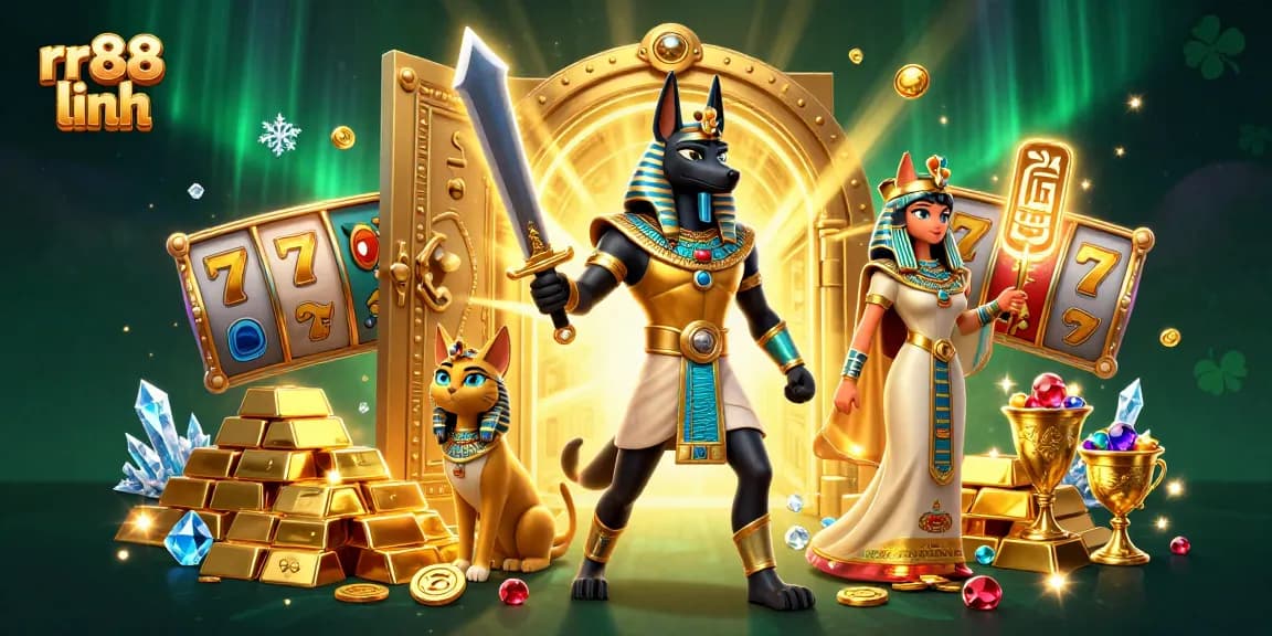 Win big at rr88 linh with a vibrant casino scene featuring ancient Egyptian warriors and slot game elements.