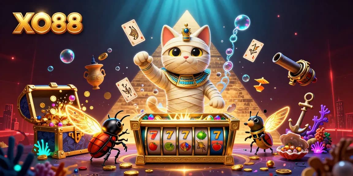 Engage with exciting XO88 gameplay featuring a mummy cat, gold treasures, and vibrant casino elements.