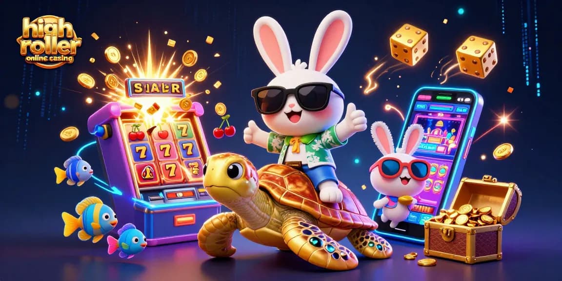 Spin and win at a high roller online casino with cartoon characters enjoying slots and jackpots.