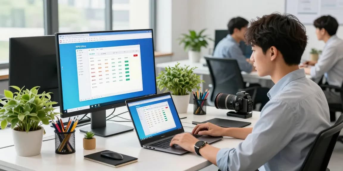在WPS Office工作环境中，一位年轻专业人士使用WPS文档，显示高效办公氛围。