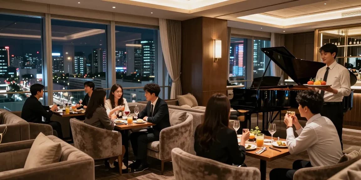 강남 구구단 쩜오의 고급스러운 라운지에서 즐거운 대화와 음료를 나누는 모습