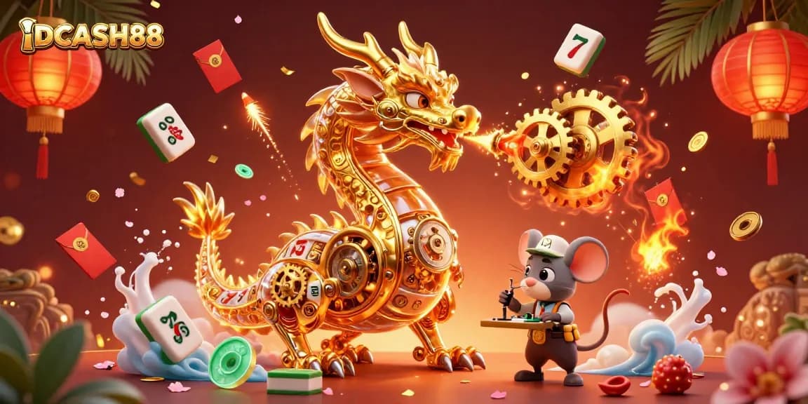 Experience the thrilling slots at IDCASH88 with a vibrant scene of a golden dragon amidst dynamic casino elements.