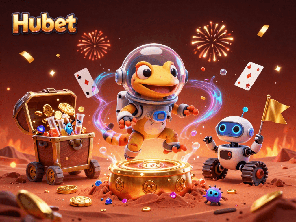Join the vibrant action at Hubet's golden casino adventure with our Martian gecko and robot sidekick!