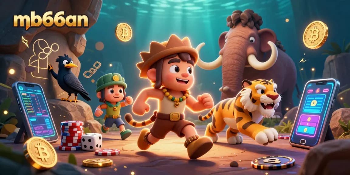 Engage with mb66an’s vibrant prehistoric casino scene featuring animated characters and crypto elements.