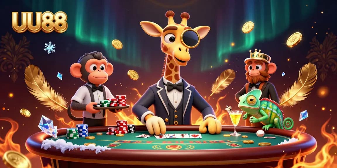 Experience thrilling action at UU88's VIP poker table with a high-roller giraffe in a luxurious setting.