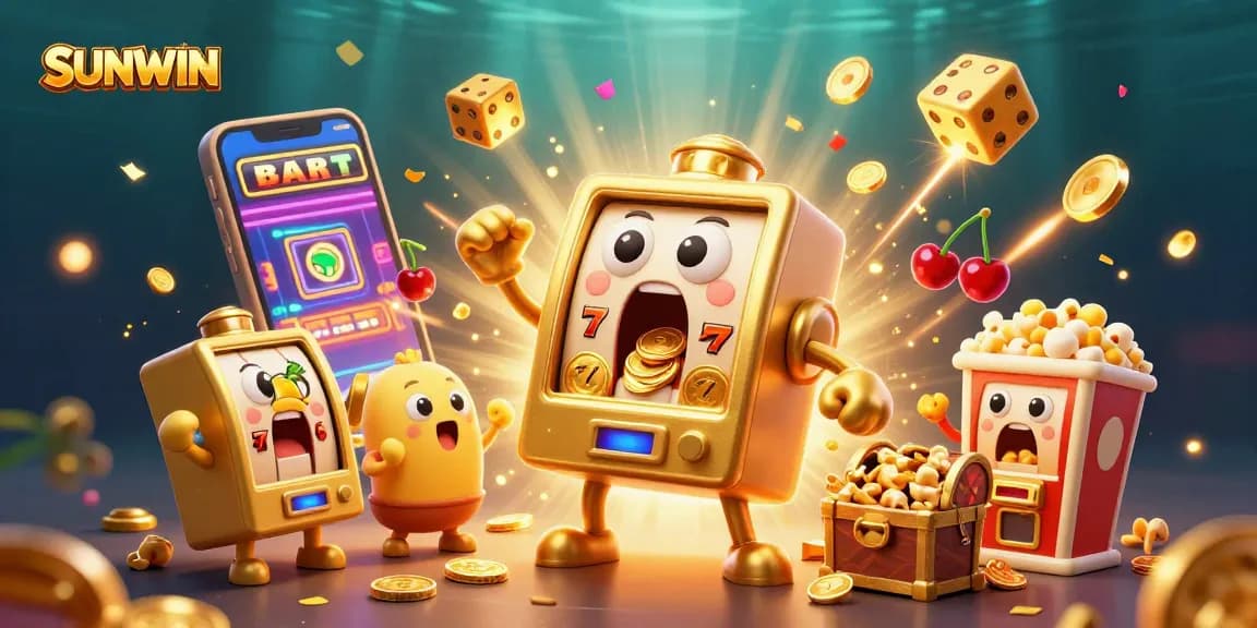 Engage in thrilling SUNWIN slot adventures as cartoon slot machines hit jackpots amidst gold coins and cheers!