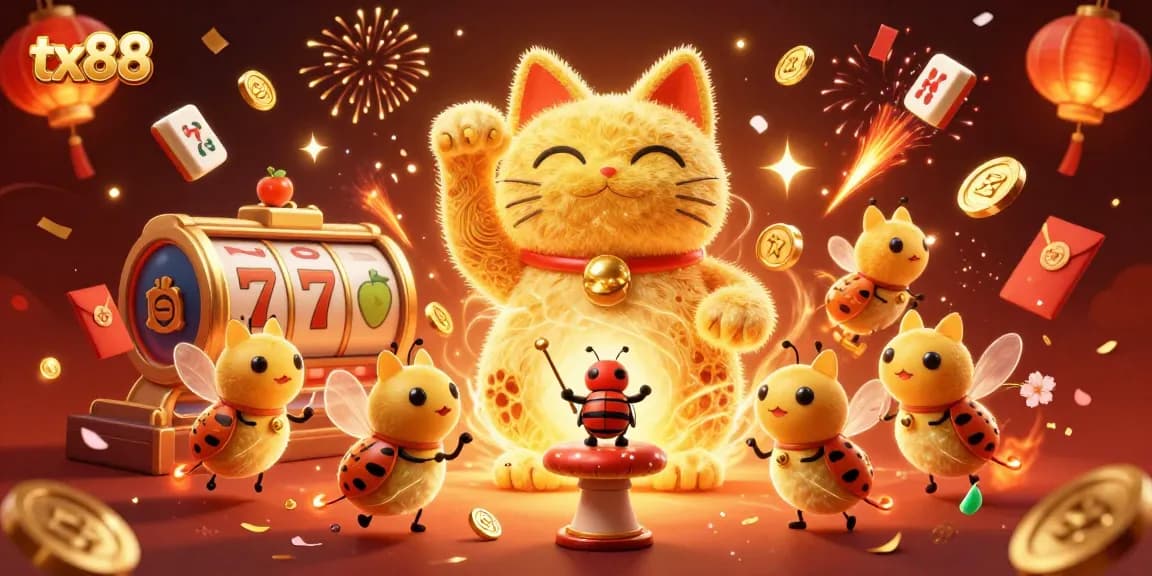 Experience the vibrant tx88 scene with golden fireflies and casino symbols in dazzling celebration.