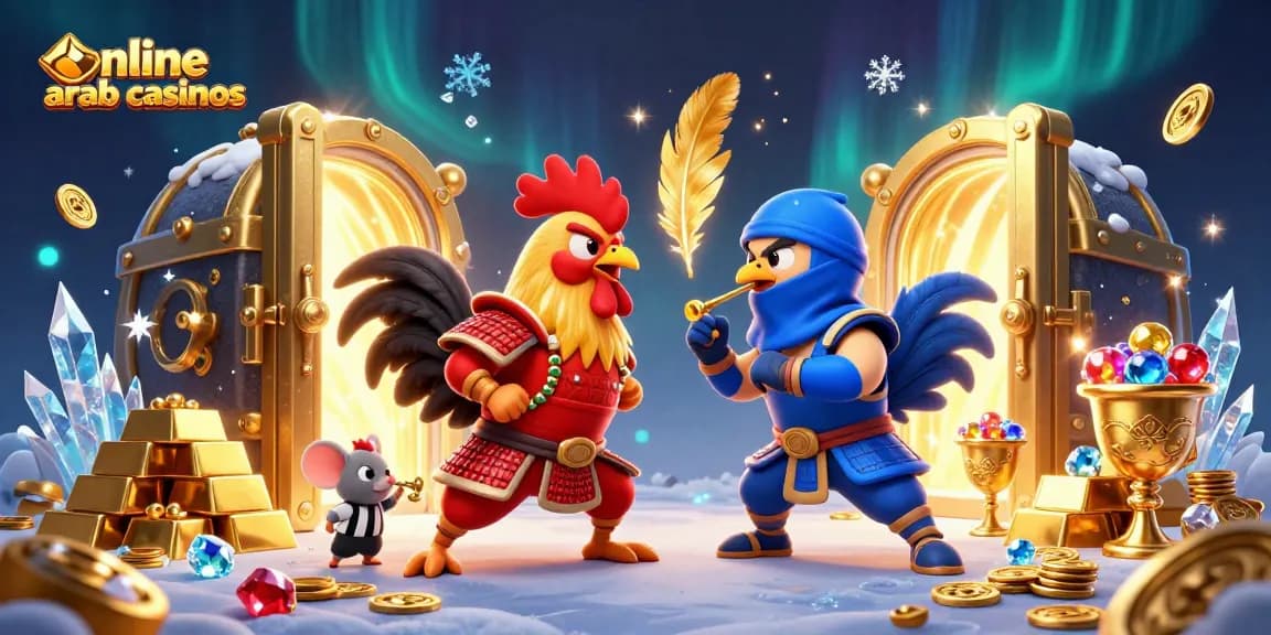 Engaging scene of twin cartoon roosters representing online arab casinos, in dramatic standoff amidst treasures.
