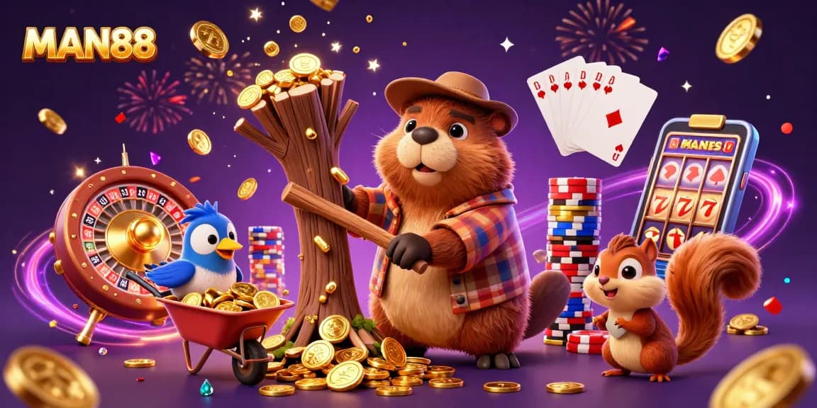 Experience the excitement at MAN88 as cartoon characters celebrate with golden coins and dazzling games.