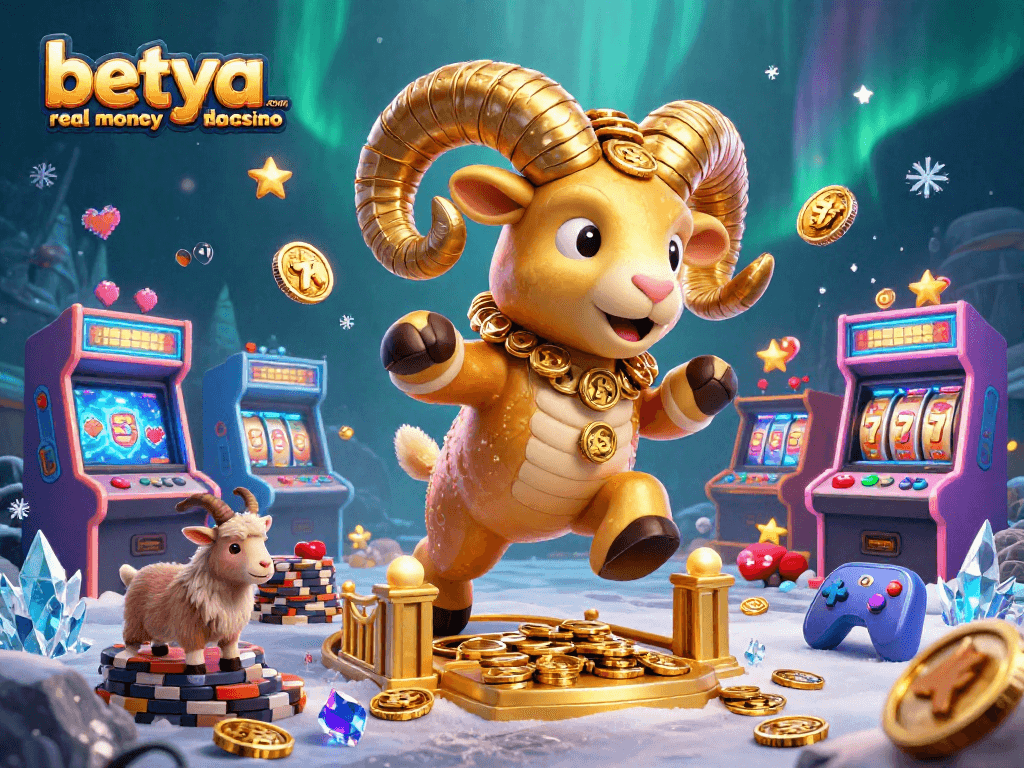 Experience excitement at betya.com real money online casino with a vibrant 3D illustrated casino scene.