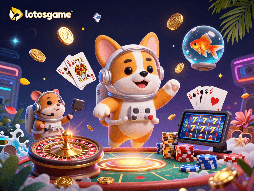 A dynamic and colorful scene depicting astronauts in a casino, highlighting the exciting experience of lotosgame.