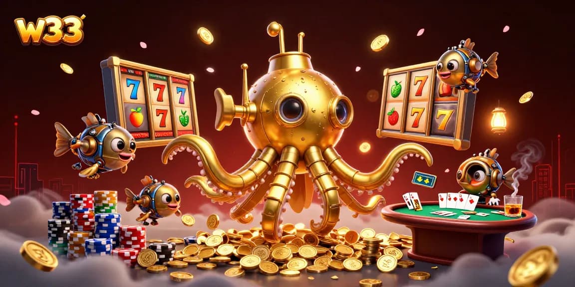 Experience thrilling w33 gameplay with a lively scene showcasing unique slots and poker elements.