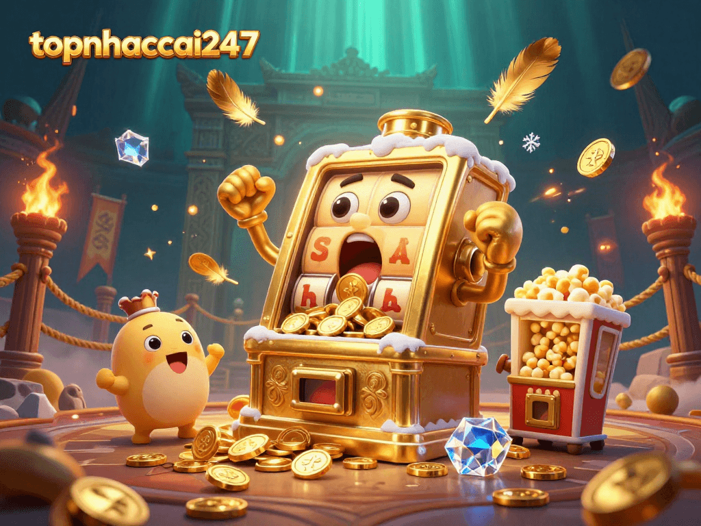Engage in thrilling coin flipping action with topnhacai247's vibrant casino scene full of gold and excitement.
