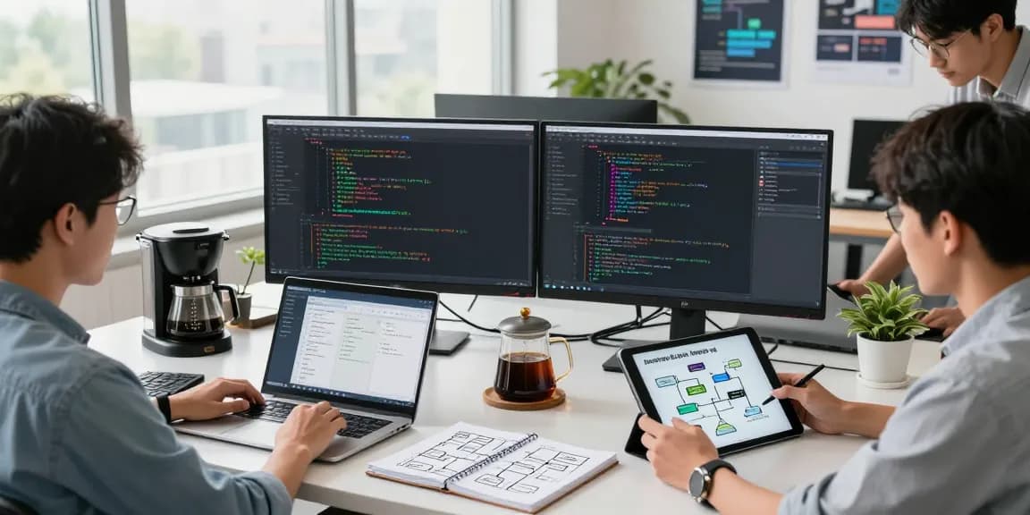 Build internal tools with AI in a vibrant collaborative workspace with developers coding and sharing ideas.
