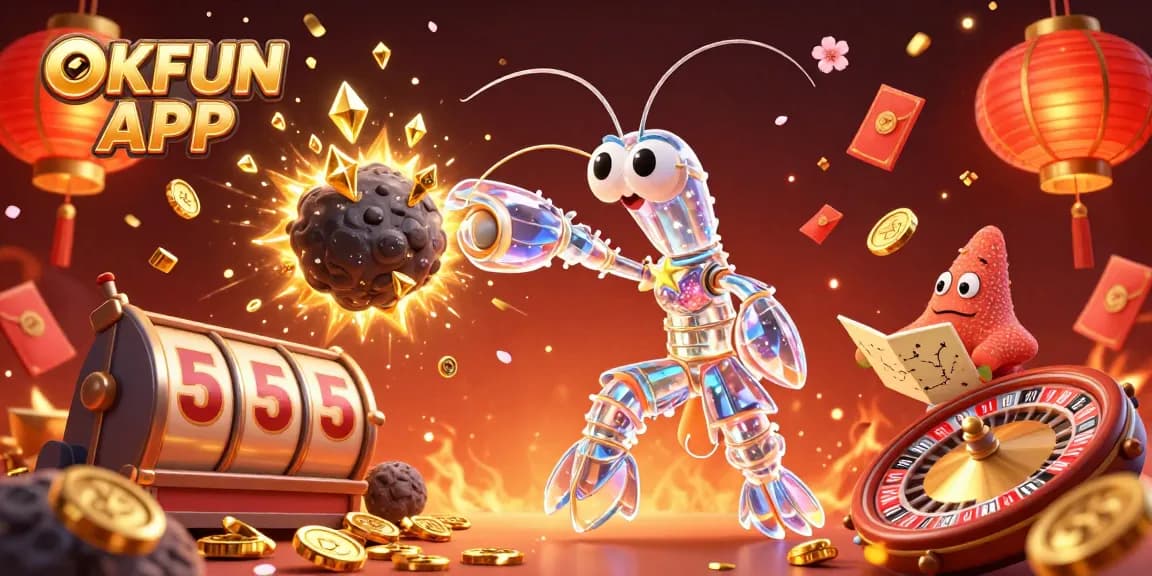 Experience thrilling wins with the OKFUN APP, featuring an exciting 3D samurai mantis shrimp surrounded by vibrant casino elements.