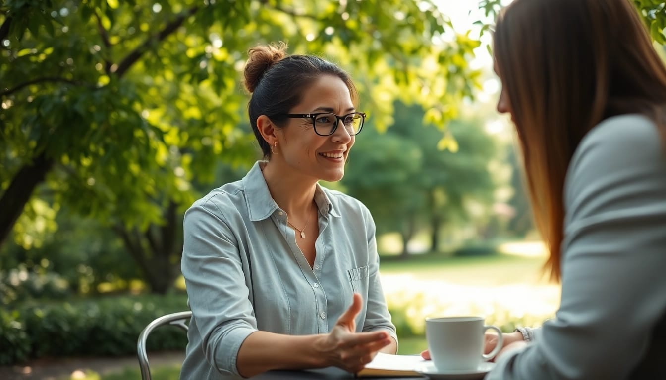Engaging life coaching session outdoors, highlighting connection and inspiration.