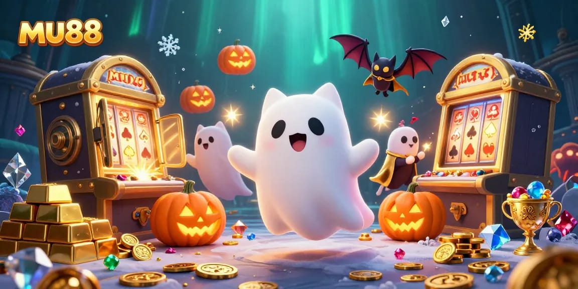 Experience the magical mu88 casino with ghost cat, bat, and glowing jack-o-lanterns.