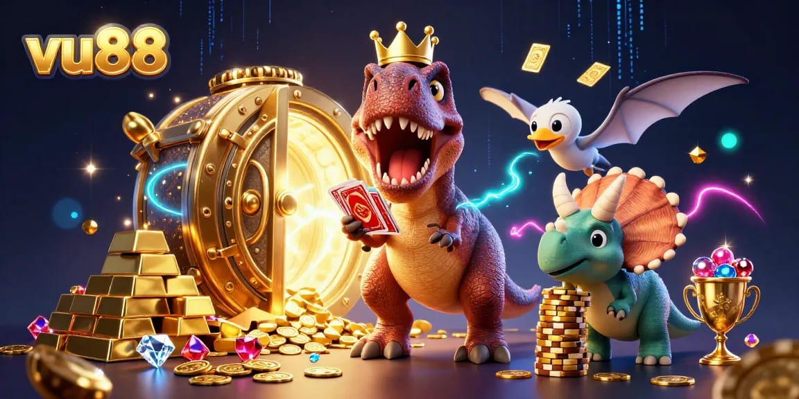 Join the fun at vu88 with a T-Rex shuffling cards and a pterodactyl holding them amidst gold treasures.