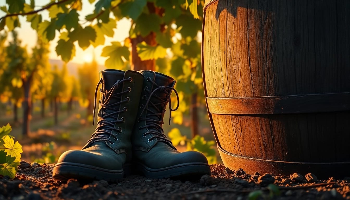 Muddy boot wine silt showcased with rustic boots and a wooden barrel in a vineyard setting.