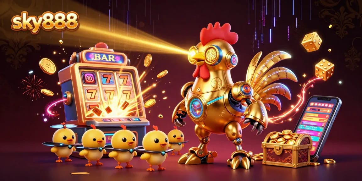 Experience sky888 adventures with a stunning 3D illustration of a golden rooster robot and slot machine action.