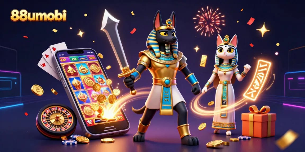 Experience the thrill of gaming with 88uumobi's dynamic casino illustration featuring Anubis and Bastet.