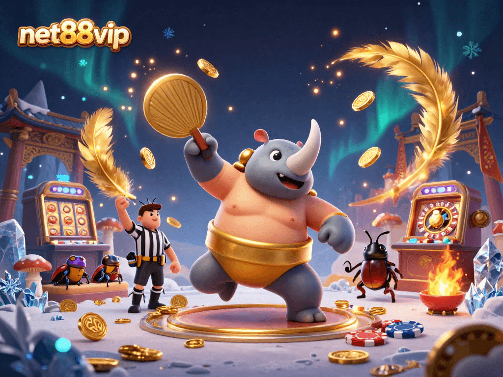 net88vip features an energetic 3D casino scene with a sumo beetle champion and golden coins