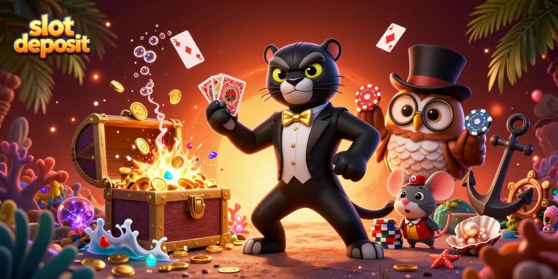 Permainan slot deposit lebih menyenangkan dengan karakter menarik dan elemen kasino yang berwarna-warni.