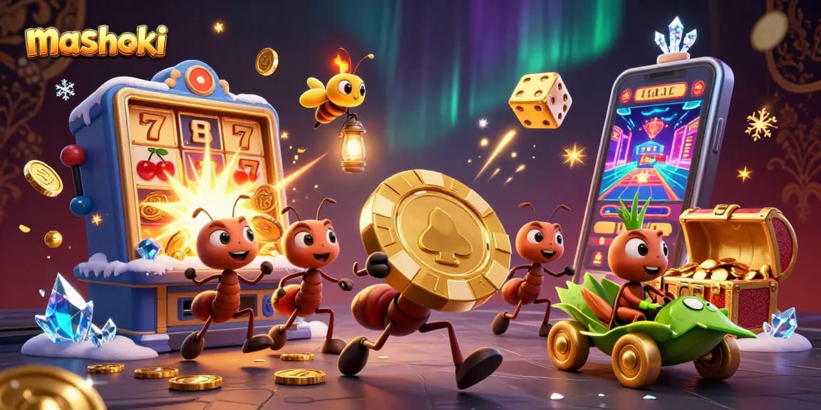 Experience the thrill of mashoki with ants carrying a giant poker chip amidst vibrant casino elements.