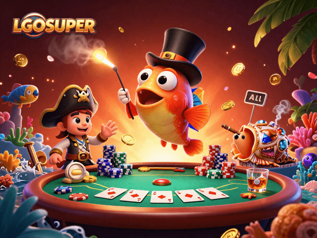 Engage with golden coin treasures in LGOSUPER's underwater game environment featuring vibrant sea creatures.