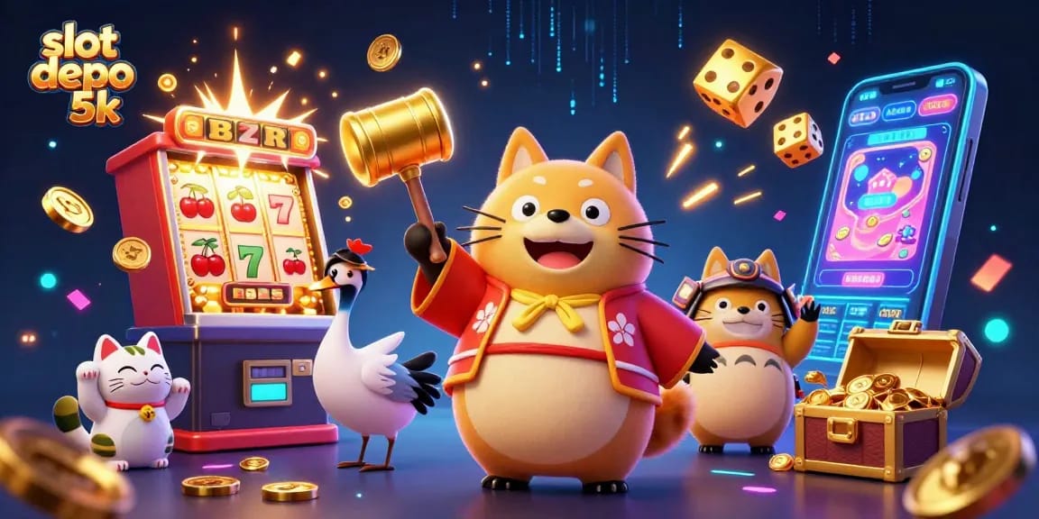 Permainan seru slot depo 5k dengan gambar mesin slot, kucing keberuntungan dan budaya Jepang.