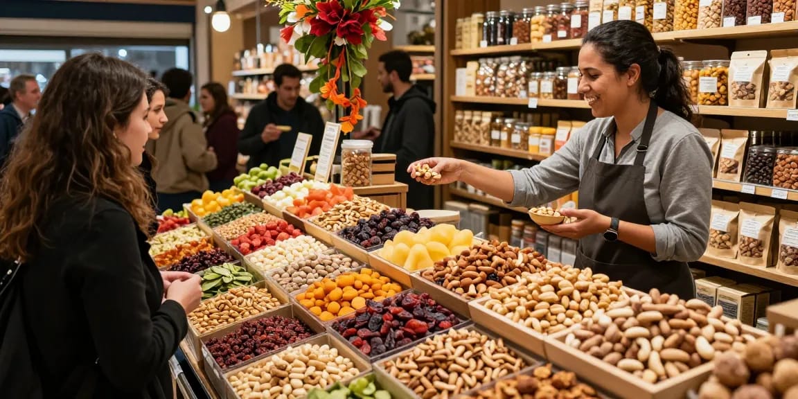 Experience fresh, natural nuts and dried fruits at M98 ฝาก-ถอน marketplace with vibrant displays and friendly vendors.