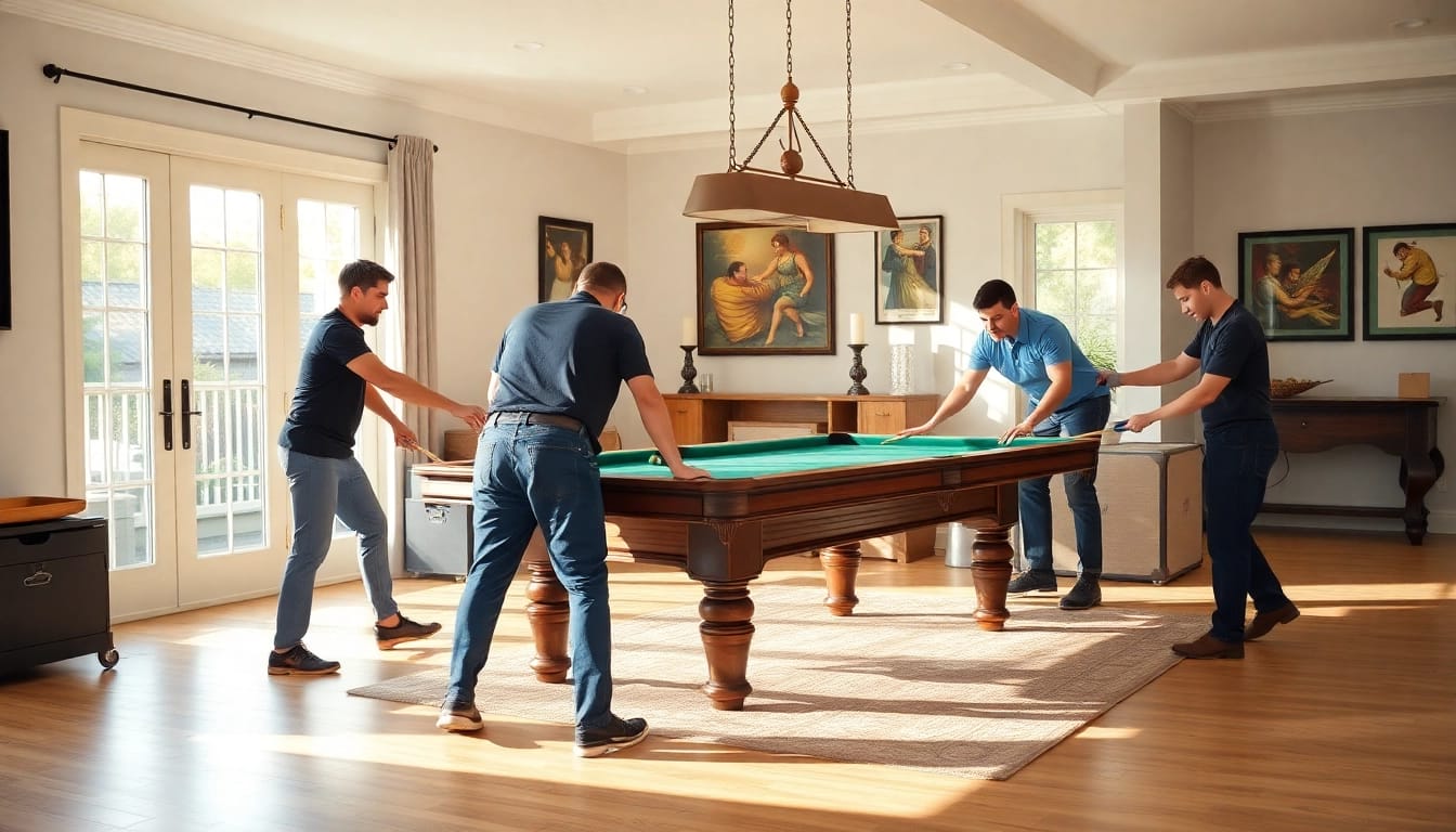 Pool table movers Dallas expertly relocating a vintage pool table in a game room.