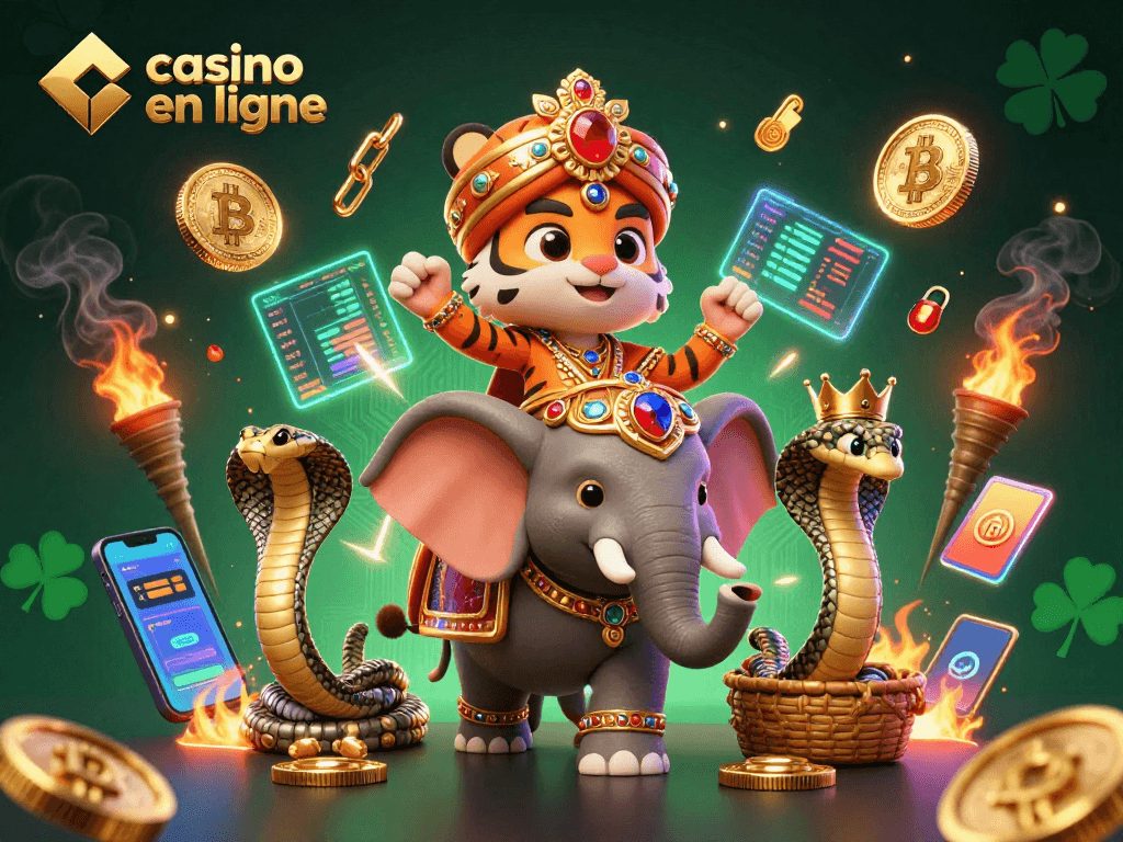 Jouez au casino en ligne avec ce tigre maharaja et son éléphant en or, entourés de cryptos