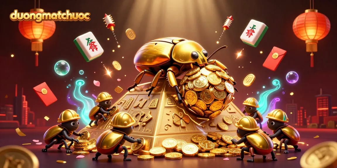 Engage with duongmatchuoc in this vibrant 3D illustration of a golden dung beetle rolling coins up a pyramid.