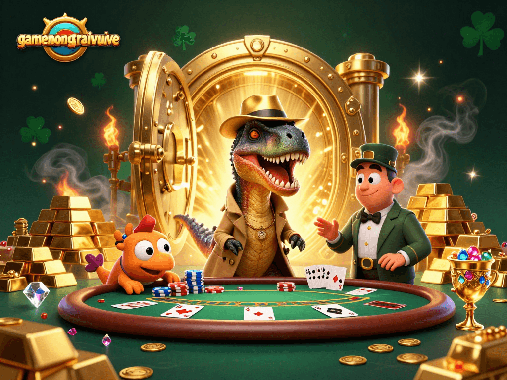 Engage in thrilling poker action at gamenongtraivuive with a velociraptor card counter and glamorous casino elements.