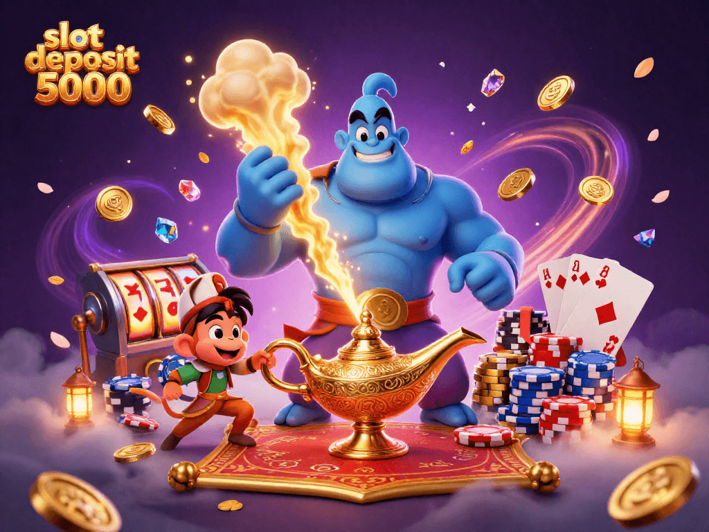Engage with slot deposit 5000 alongside a magical genie and lucky poker chips bursting into action.