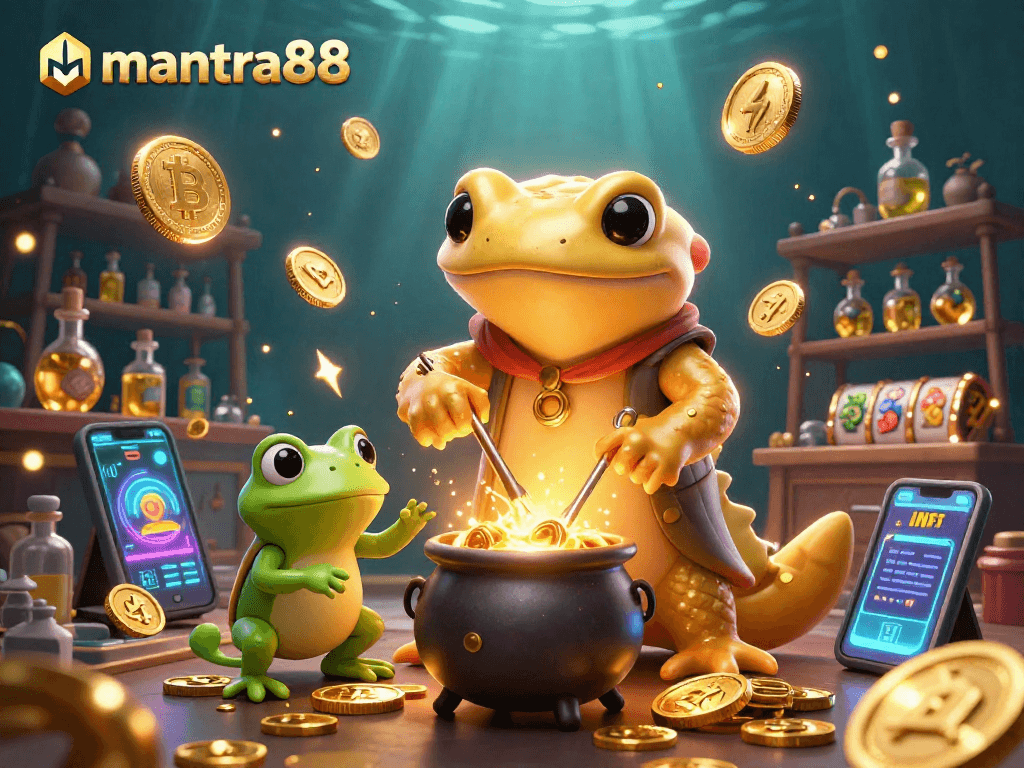 Experience mantra88 magic with golden alchemy and crypto gambling elements in an immersive casino scene.
