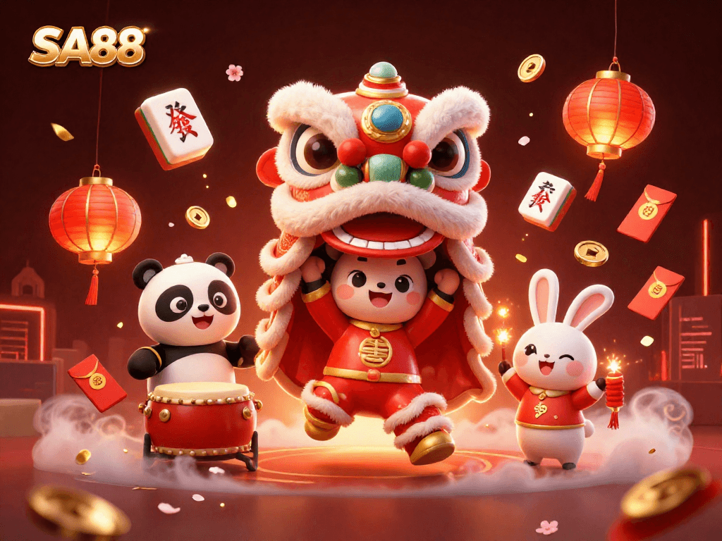 Experience fortune at SA88 with a vibrant lion dance surrounded by colorful symbols of luck and gaming.