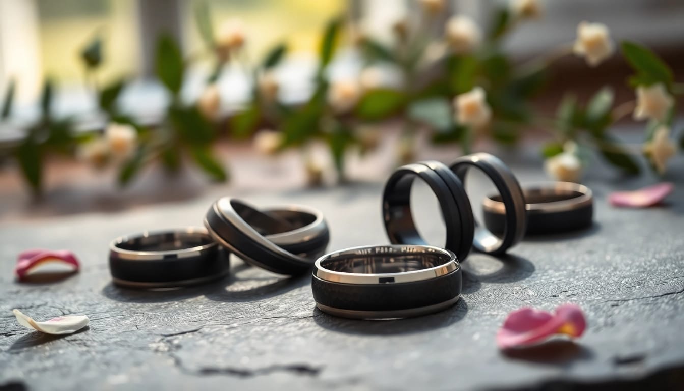 Showcase of dark mens wedding bands in various styles on a textured background, emphasizing elegance.