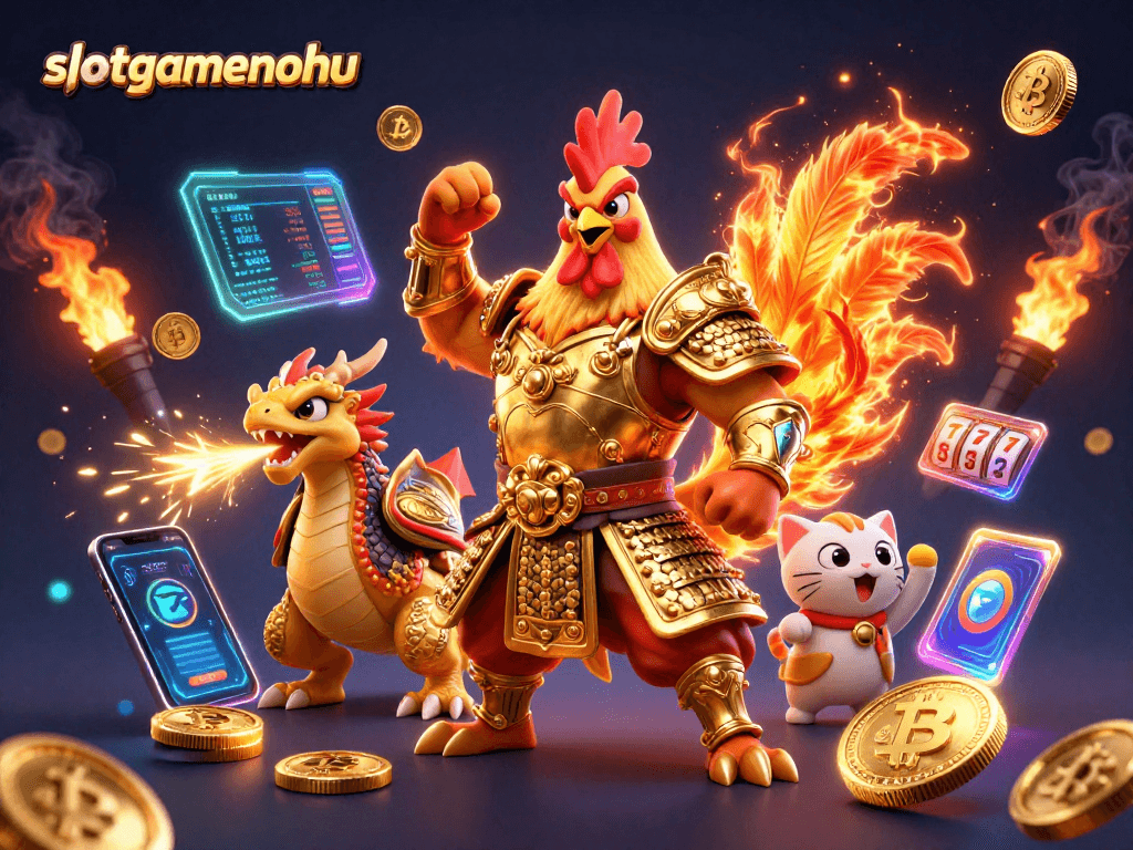 Join the excitement with slotgamenohu as a warrior rooster and dragon celebrate in a dynamic gaming scene.