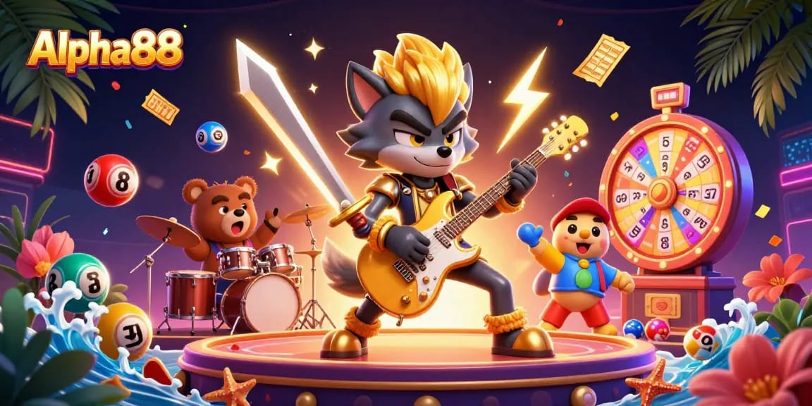Experience thrilling gameplay at Alpha88 with a vibrant casino scene featuring 3D cartoon characters.