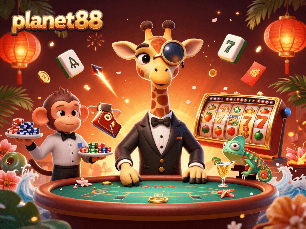Experience winning thrills at planet88 with a vibrant 3D illustration featuring exciting casino elements.