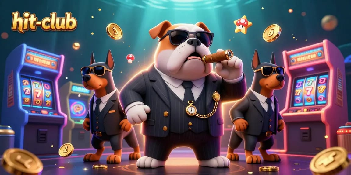 Experience thrills at hit-club, featuring a bulldog mafia boss guarding vibrant casino games.