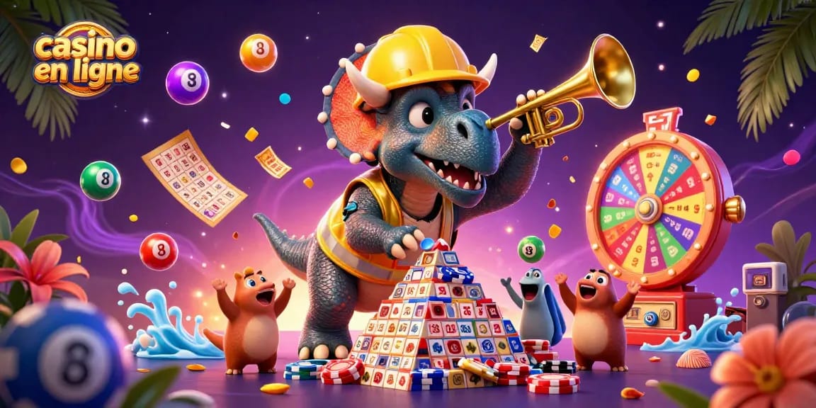 Élément de casino en ligne avec un triceratops construisant une pyramide de jetons, célébrations autour.