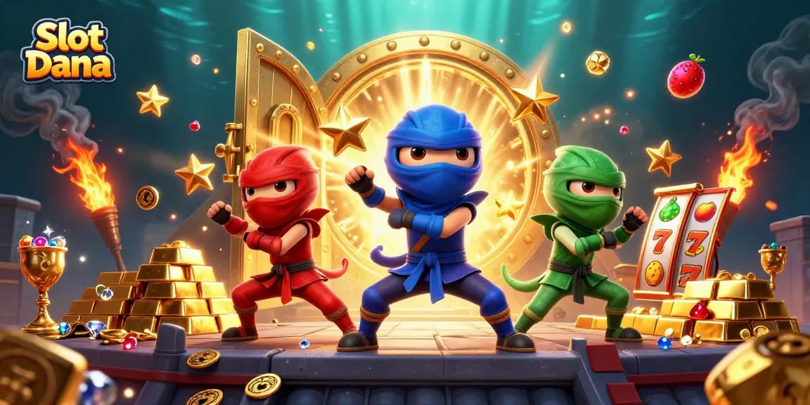 Slot Dana menampilkan chameleon ninja kartun beraksi dengan keberuntungan di slot bertema