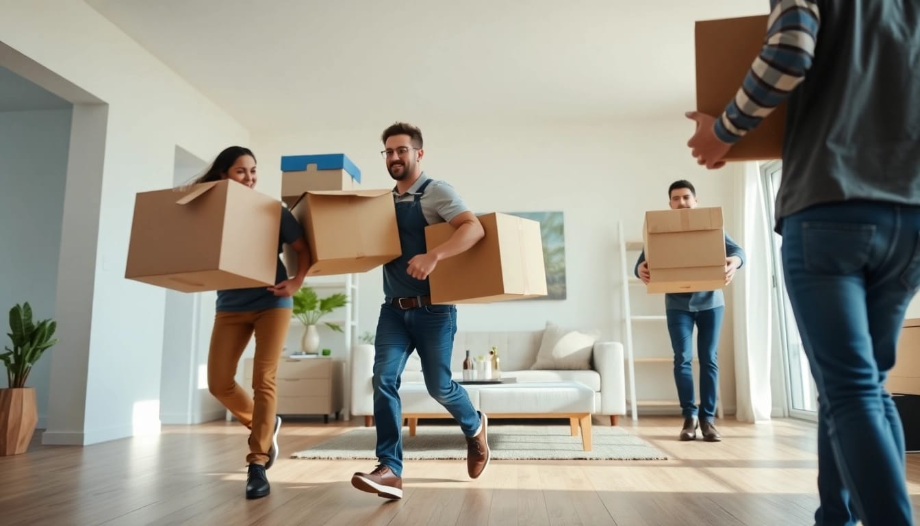 Cullen moving team efficiently transporting furniture and boxes in a modern home setting.