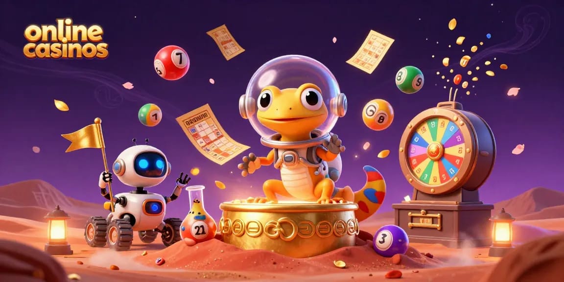 Martian gecko discovers a golden casino in red Mars sand at online casinos, surrounded by colorful lottery elements.