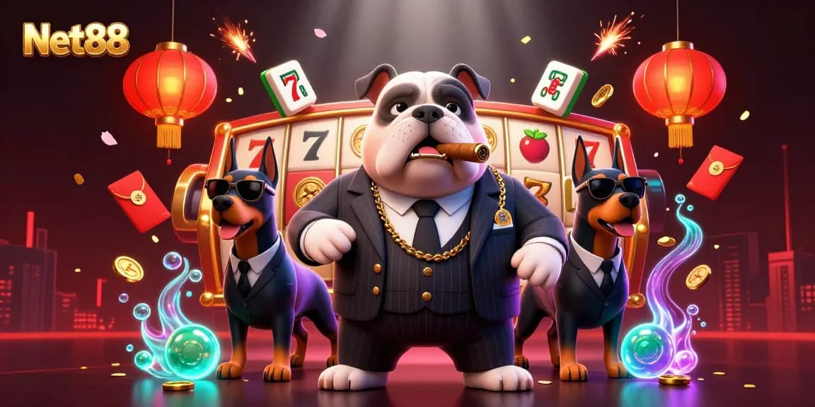 Experience thrilling gaming at Net88 with a scene featuring dynamic slot reels and a stylish mafia boss.