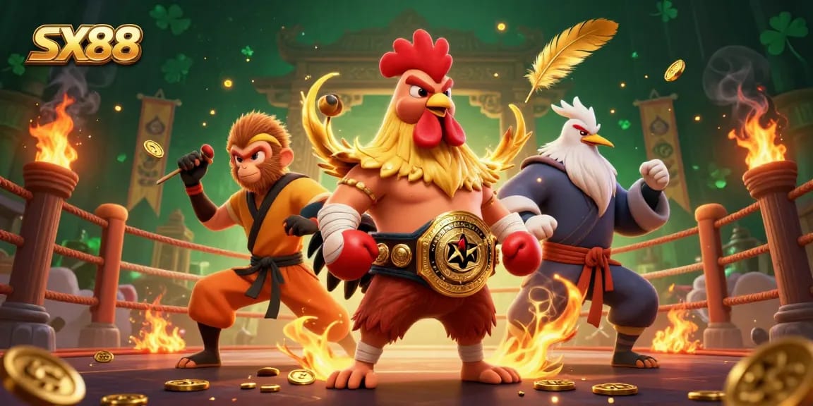 SX88 showcases a vibrant scene with a fierce rooster, Shaolin monkey, and wise crane battling in a dynamic casino environment.