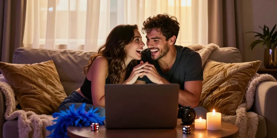 Couple enjoying real sex games on a cozy sofa with intimate ambiance.